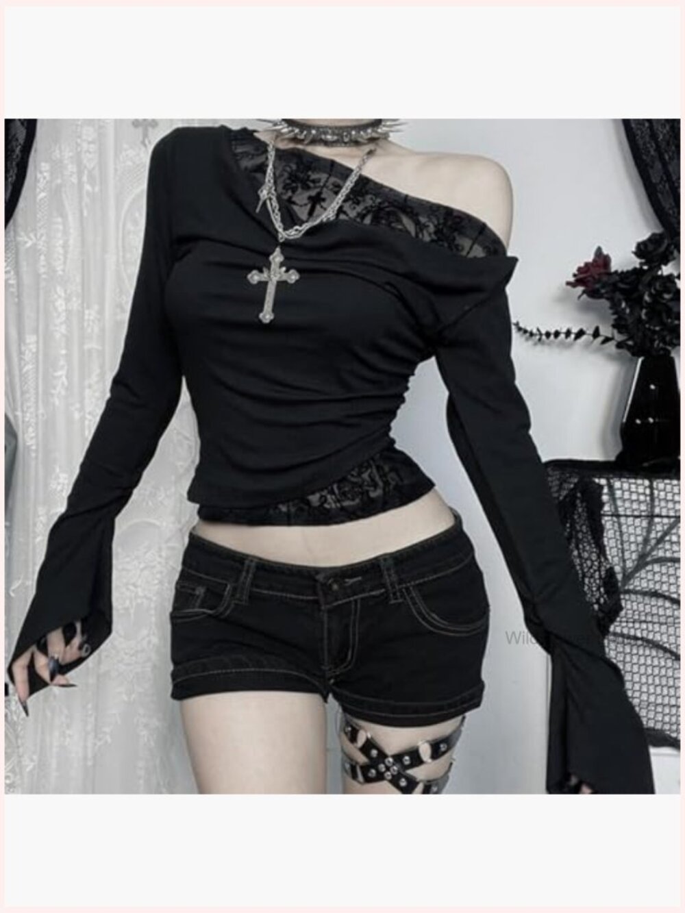 Off Shoulder Goth Crop Top Mesh Patchwork Long Sleeve Blouses Y2k Outfits - Picture 3 of 6